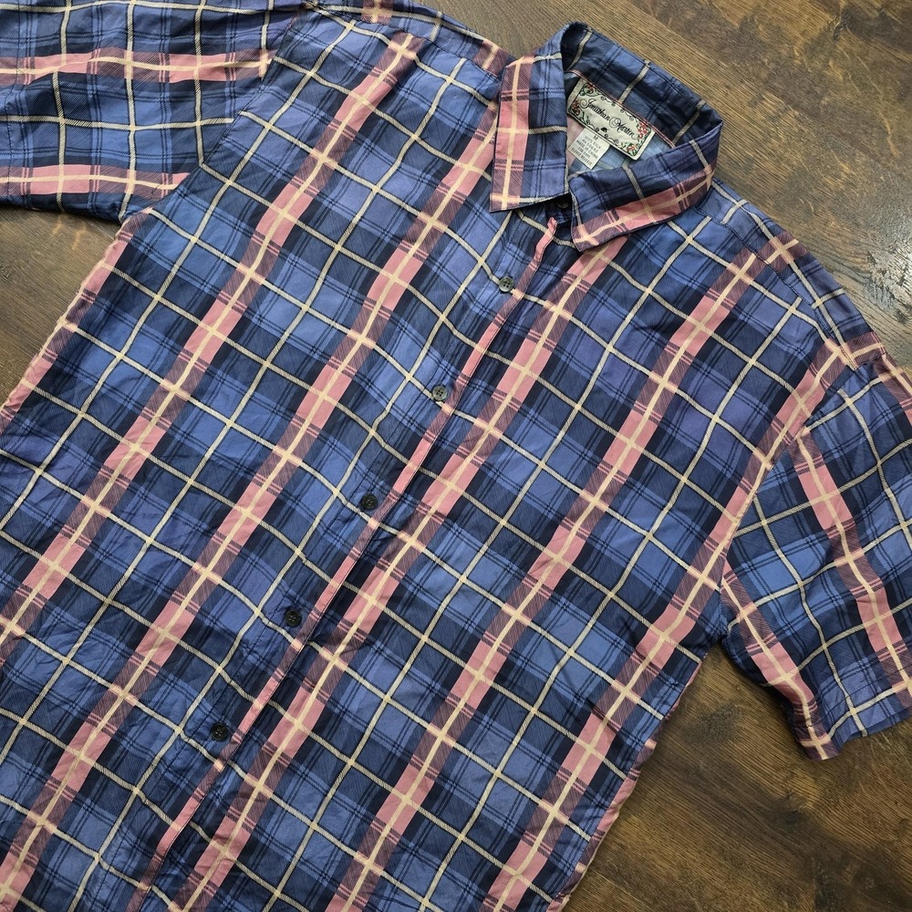 Jonathan Martin Button Up Shirt Womens M Blue Pink Plaid Silk Short Sleeve Top